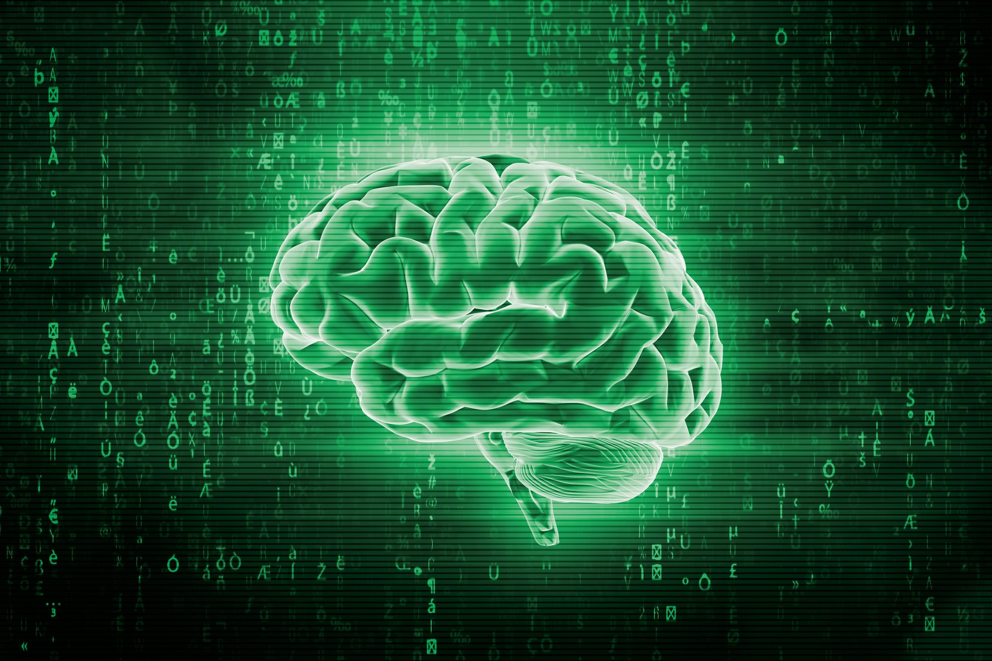 brain superimposed on matrix green computer screen