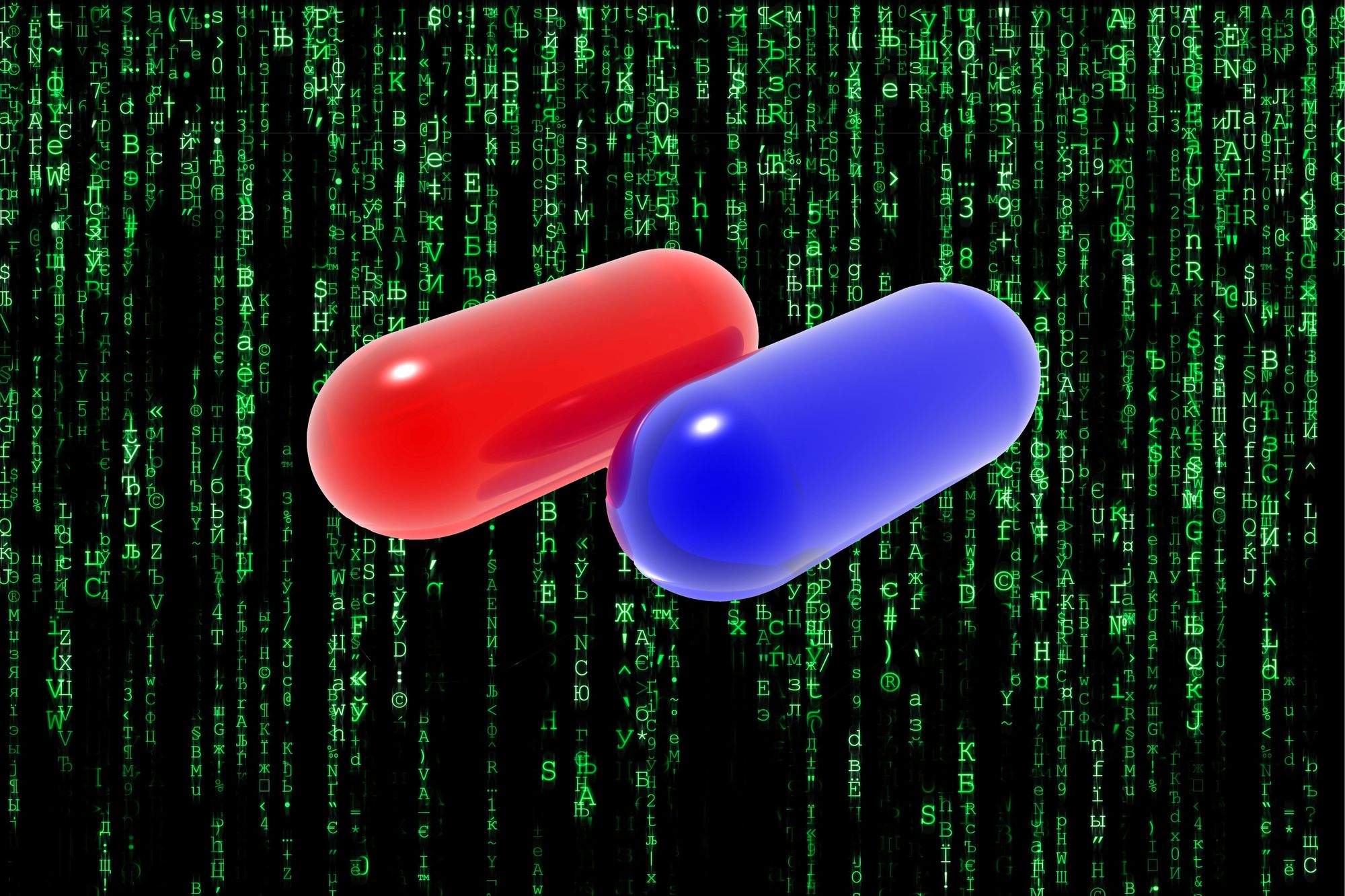 red and blue pill on green computer screen