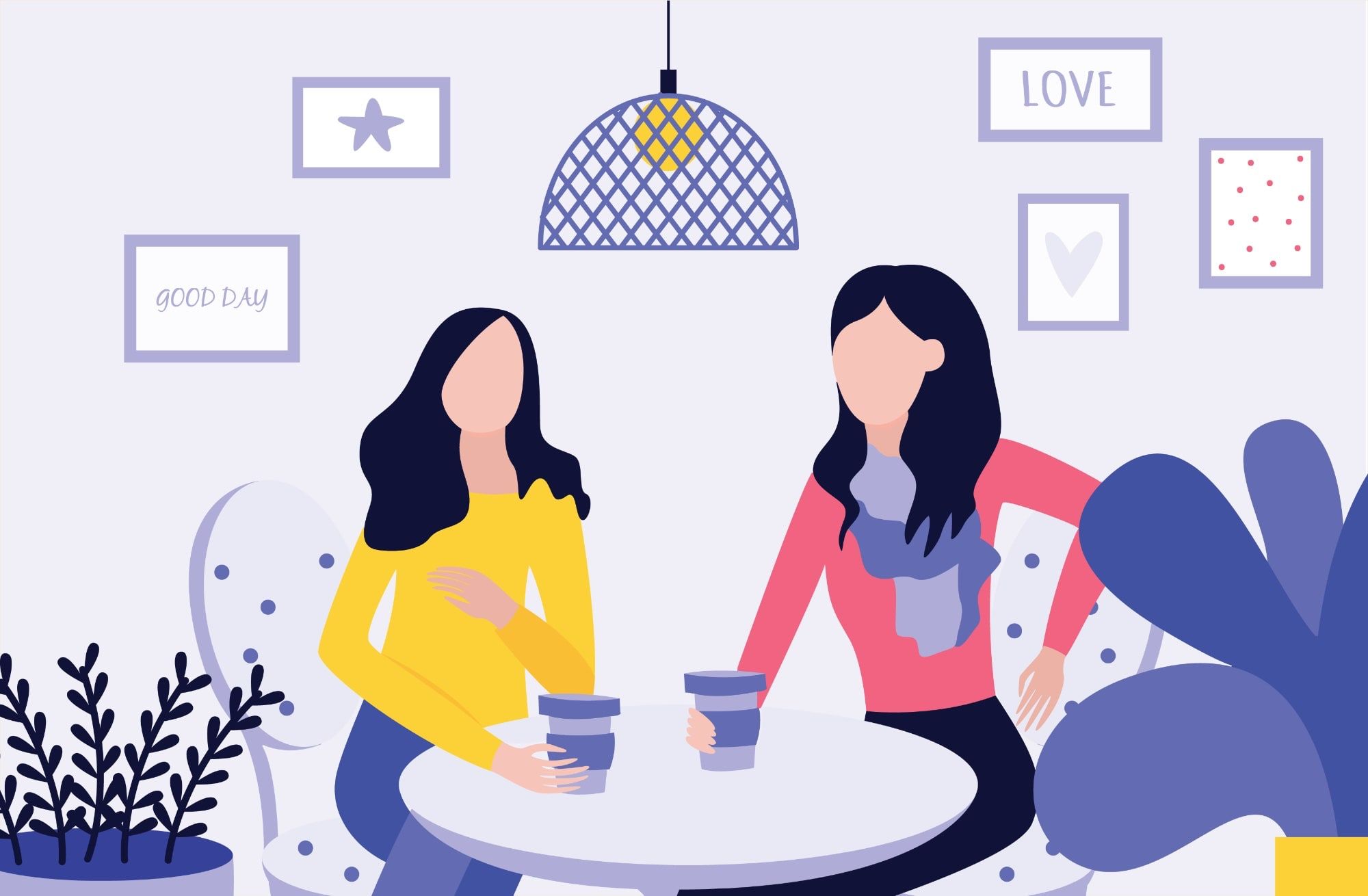 illustration of two women talking over coffee while sitting at a table in a cafe